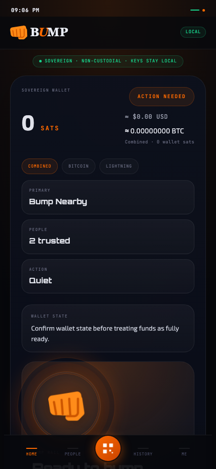 BUMP live app mobile screen with wallet state, BUMP Nearby, and bottom navigation